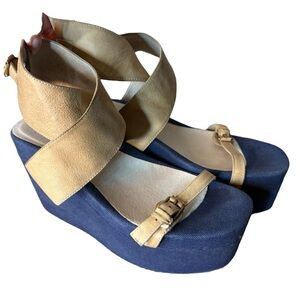 JEFFREY CAMPBELL Ibiza Boomer Blue Canvas Tan Strap Sandals Platform Buckle Sz 8